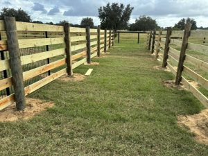 A wooden post-and-rail fence forms a grassy corridor with trees and a cloudy sky in the background.