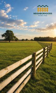 A wooden fence stretches across a sunlit grassy field under a partly cloudy sky.