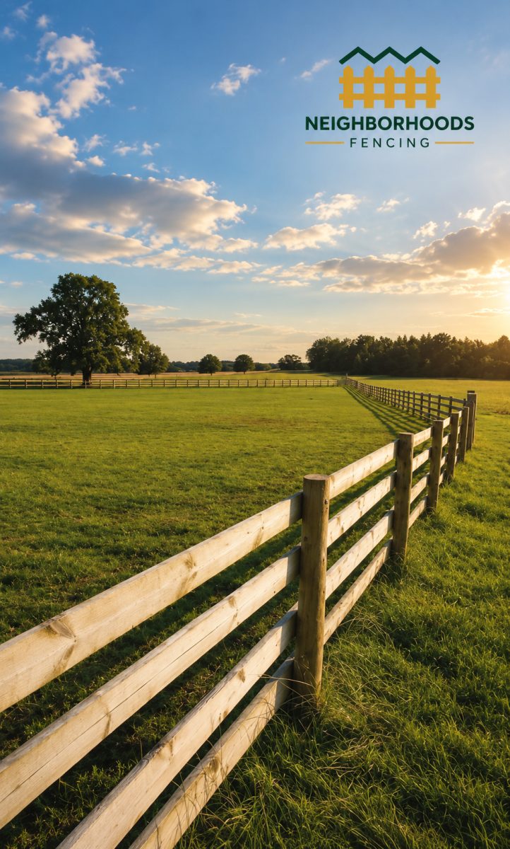 A wooden fence stretches across a sunlit grassy field under a partly cloudy sky.