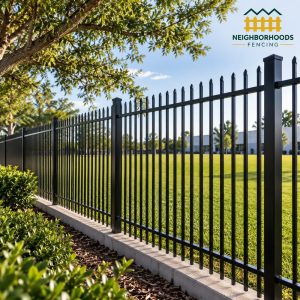 A black metal picket fence on a concrete base runs beside landscaped shrubs and a grassy field with trees, and a Neighborhoods Fencing logo appears in the corner.