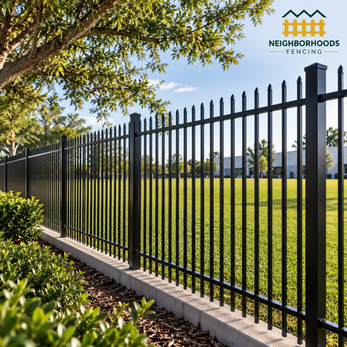 A black metal picket fence on a concrete base runs beside landscaped shrubs and a grassy field with trees, and a Neighborhoods Fencing logo appears in the corner.